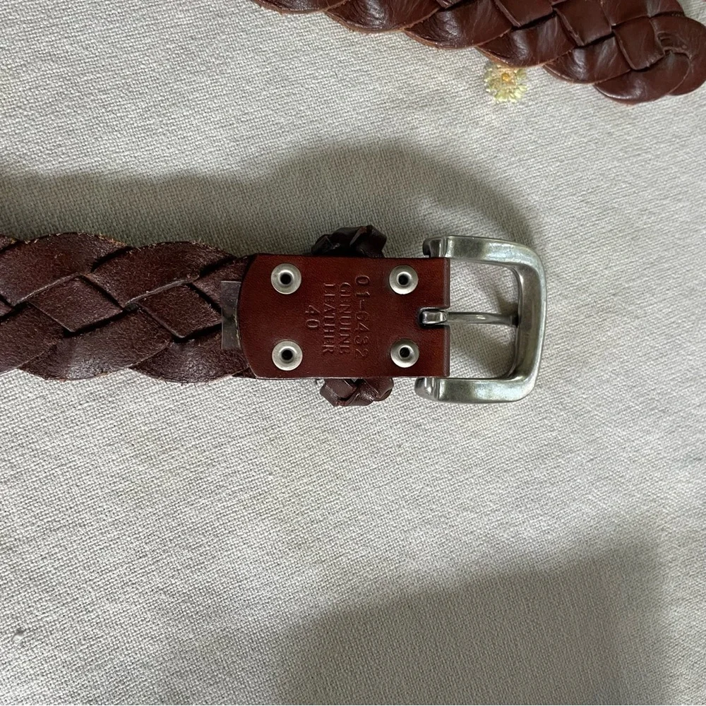 Vintage Genuine Leather Braided Brown Leather Belt. Silver Buckle. 46